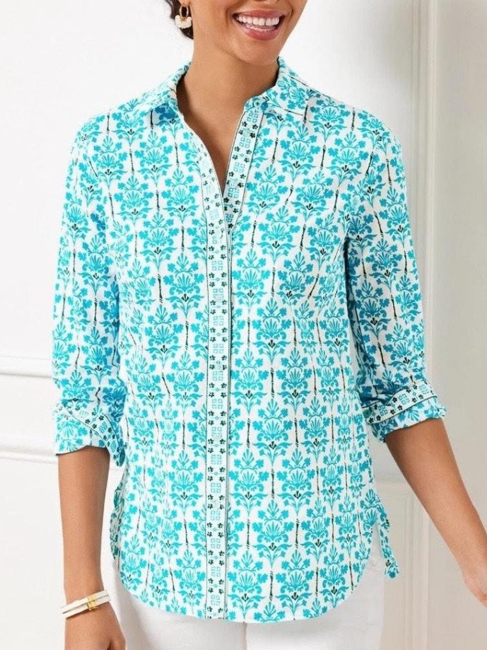 Talbot's 100% Cotton Full Button Front Shirt Damask Bouquet Beach Casual Size Mp